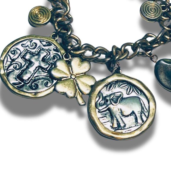 Lucky Charms Toggle Elephant Cross Stone Horseshoe Shamrock Charm Gold Bracelet - Picture 3 of 3